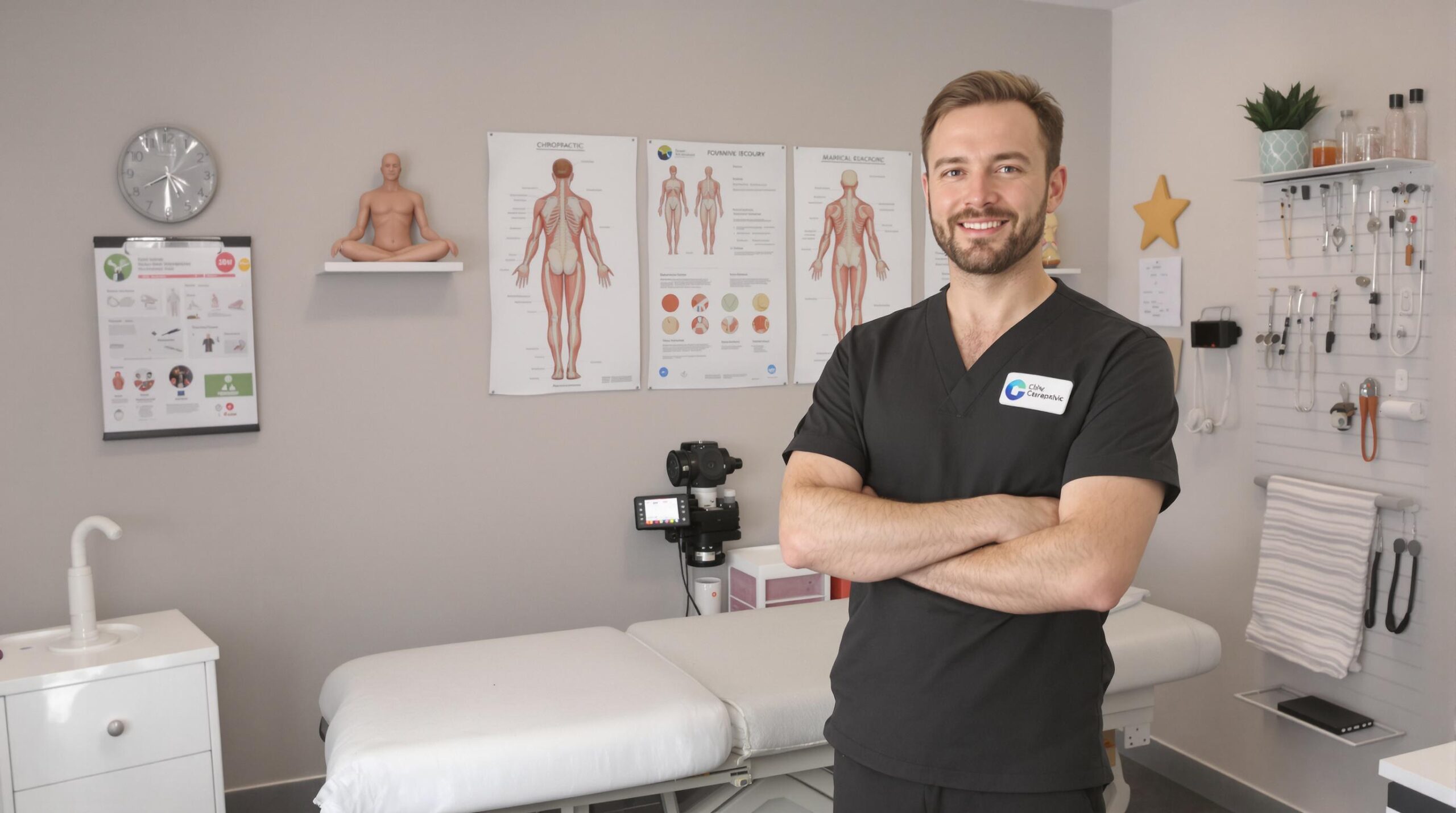 A skilled chiropractor at Upright Body Renewal in Essington stands confidently in a well-equipped clinic, ready to provide expert spinal care and rehabilitation.