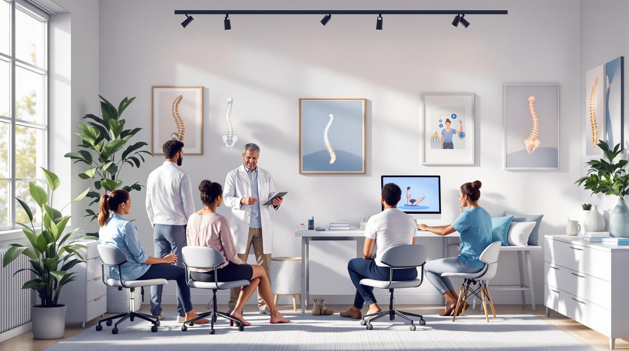 A chiropractor at Upright Body Renewal in Five Ways leads a patient consultation in a bright, modern clinic, discussing spinal health and personalized treatment plans.