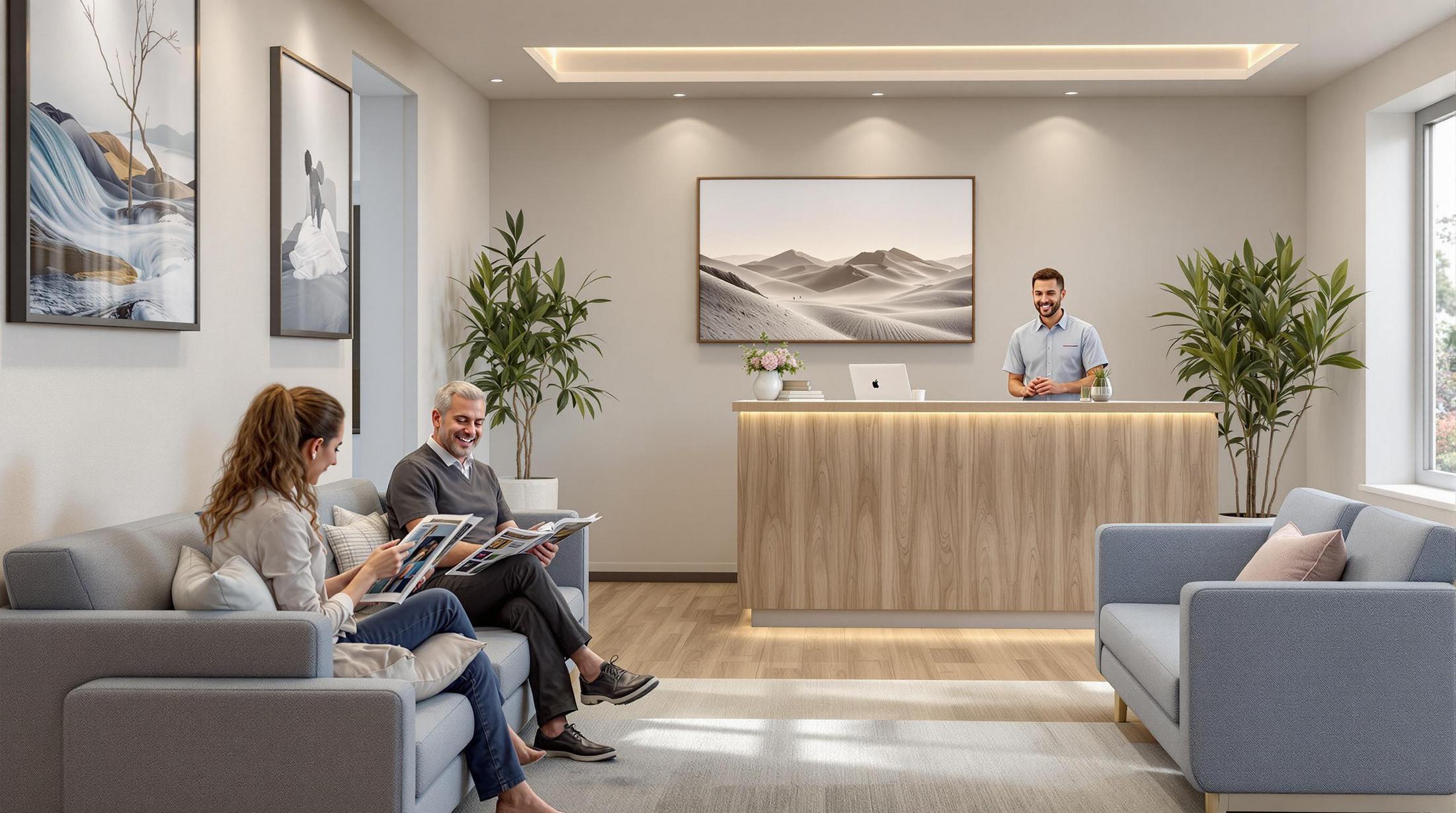 A welcoming reception area at Upright Body Renewal in Handsworth Wood, featuring a modern, calming design where patients relax before their chiropractic treatment.
