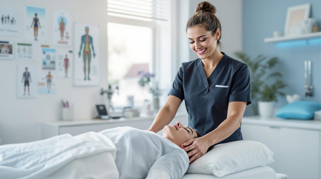 A chiropractor at Upright Body Renewal provides a gentle neck adjustment in a bright, modern clinic, ensuring relaxation and pain relief for the patient.
