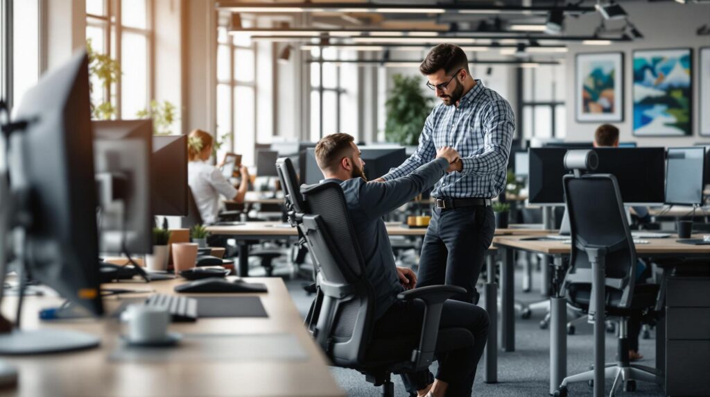 An office worker receives a posture correction session from an Upright Body Renewal specialist, promoting workplace ergonomics and spinal health.