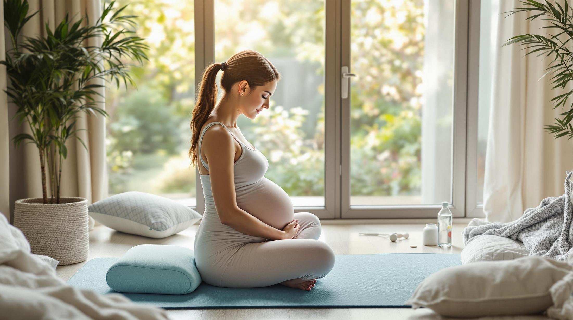 A pregnant woman practices gentle stretching on a yoga mat, promoting relaxation and relief from pregnancy back pain at Upright Body Renewal.