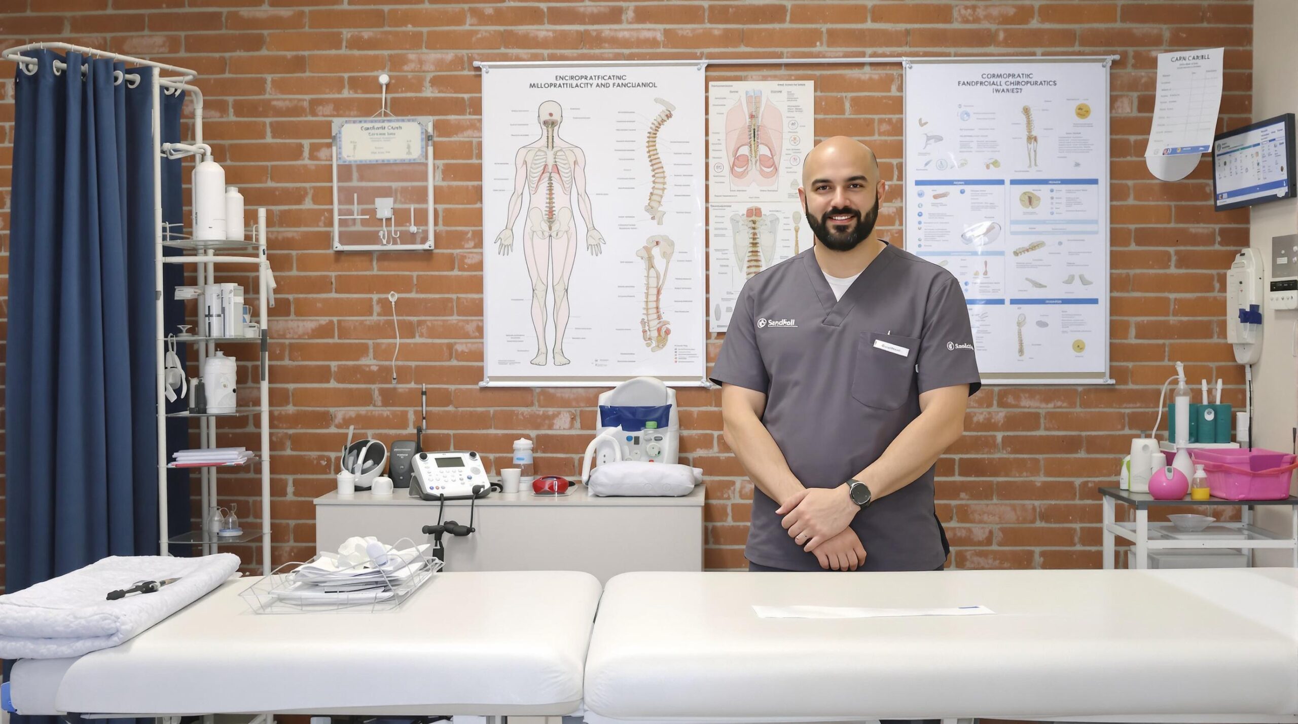 A professional chiropractor at Upright Body Renewal in Sandwell stands in a fully equipped clinic, ready to provide expert spinal care and pain relief treatments.