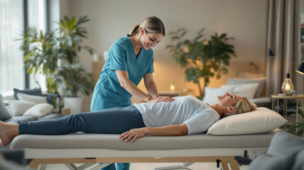 A therapist at Upright Body Renewal provides a chiropractic adjustment for sciatica relief in a serene, well-lit clinic with lush greenery and a cozy ambiance. File Name: