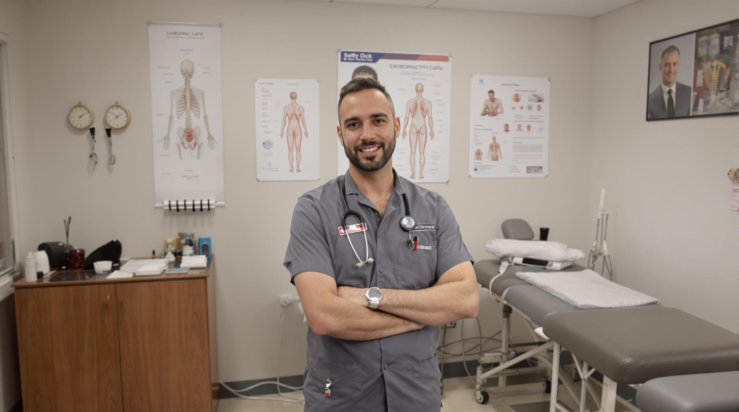 A confident chiropractor at Upright Body Renewal in Selly Oak stands in a professional clinic, ready to provide expert spinal care and rehabilitation services.