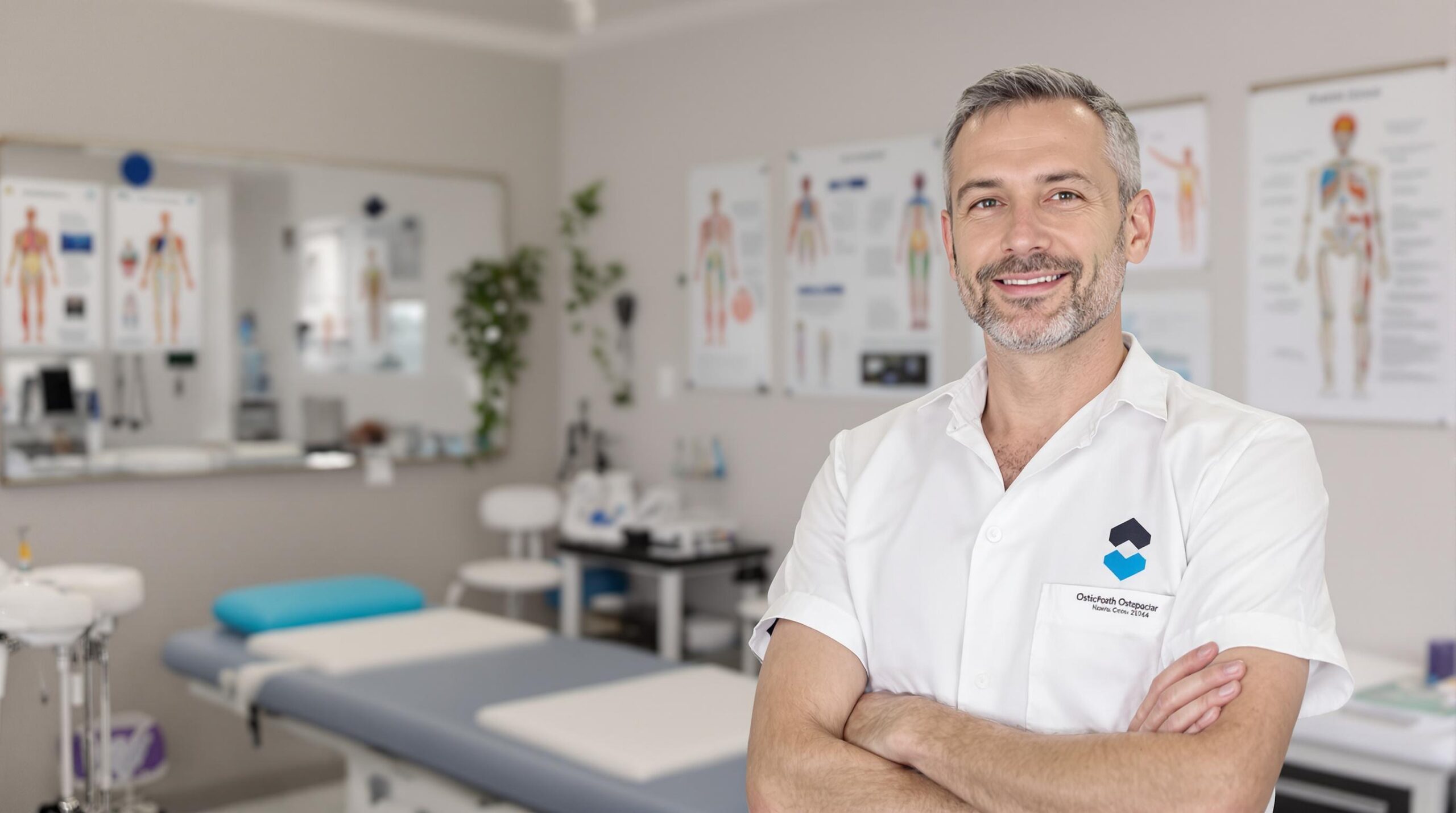 Smiling osteopath in a white uniform standing confidently in a well-equipped medical clinic with treatment tables and anatomy charts.