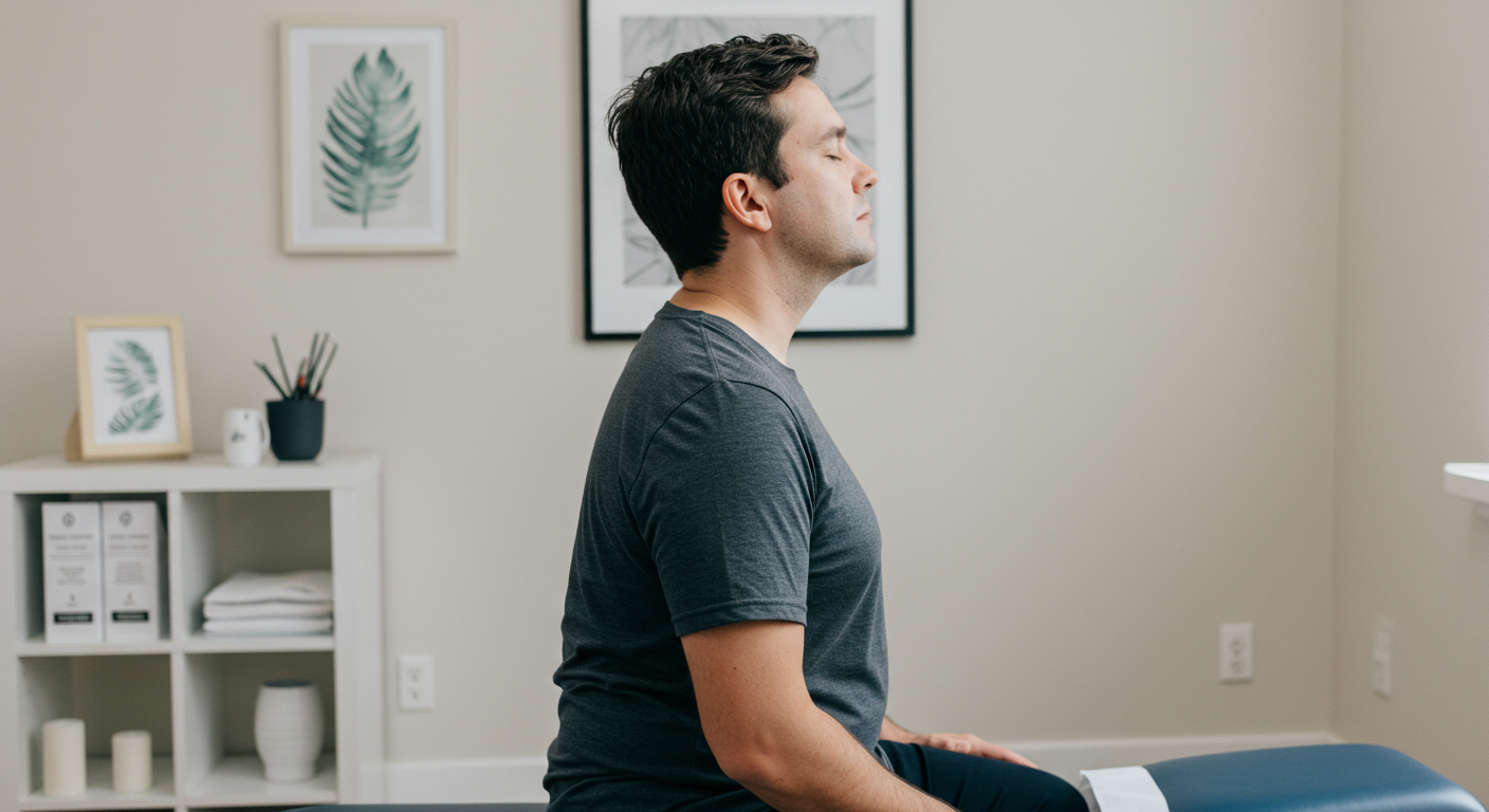 A male patient practices upright seated posture, supporting the connection between chiropractic and breathing for better lung function.