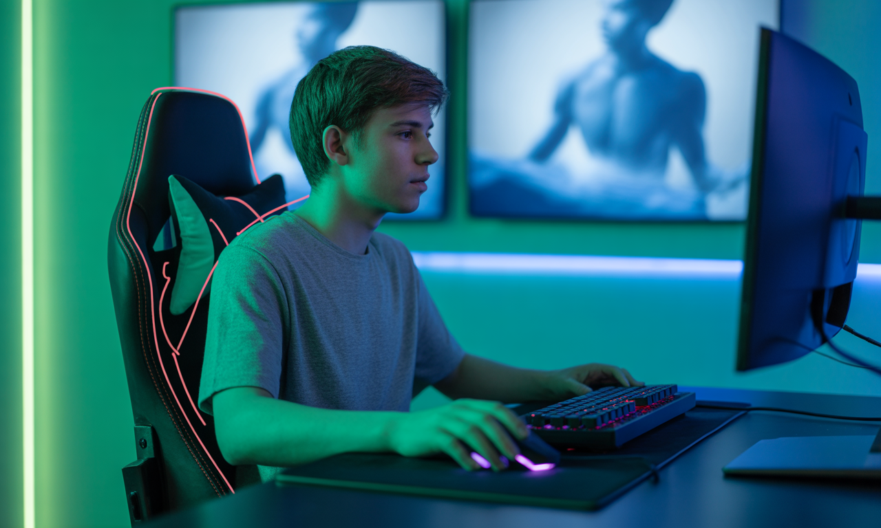 A teen gamer maintains focused posture in a gaming chair, emphasizing chiropractic care for gamers.