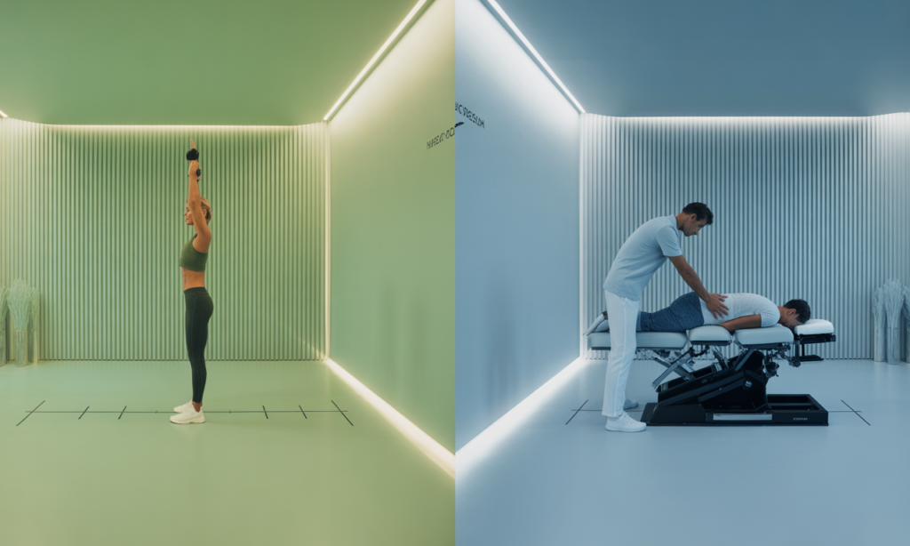 Comparison of a woman stretching vs. a man receiving spinal adjustment shows structural correction vs exercises.