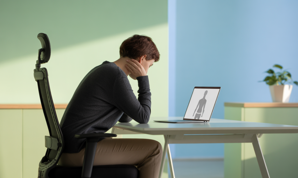 A person sits at a desk with improper height, highlighting the impact of desk height in posture correction.
