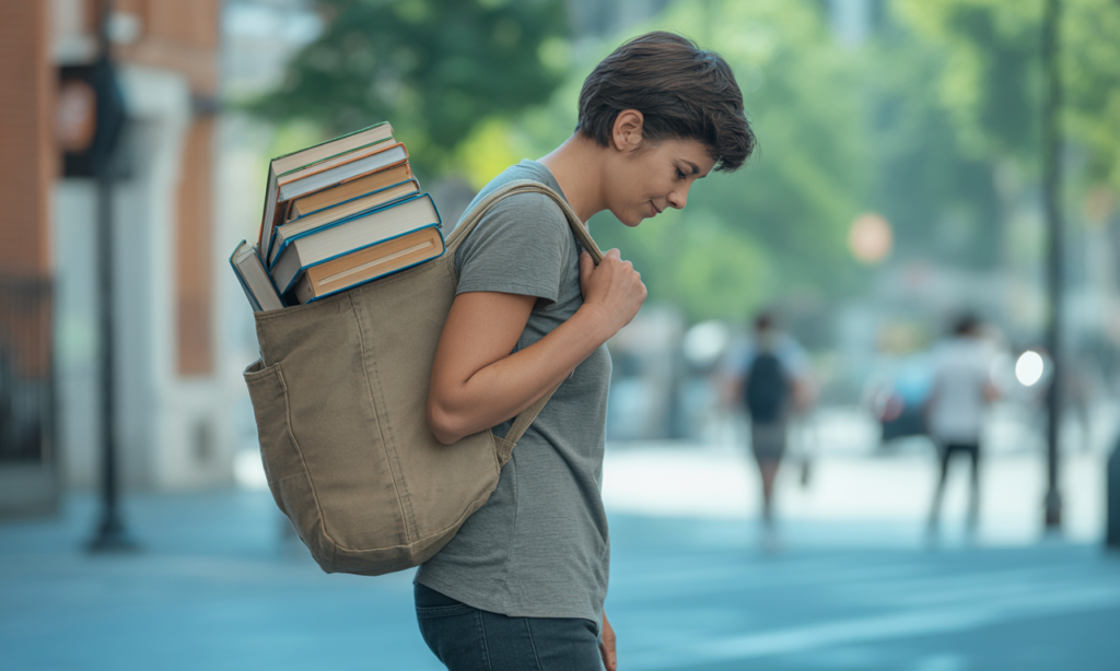 A student hunched from a heavy shoulder bag visualizes the debate over handbag or backpack posture.