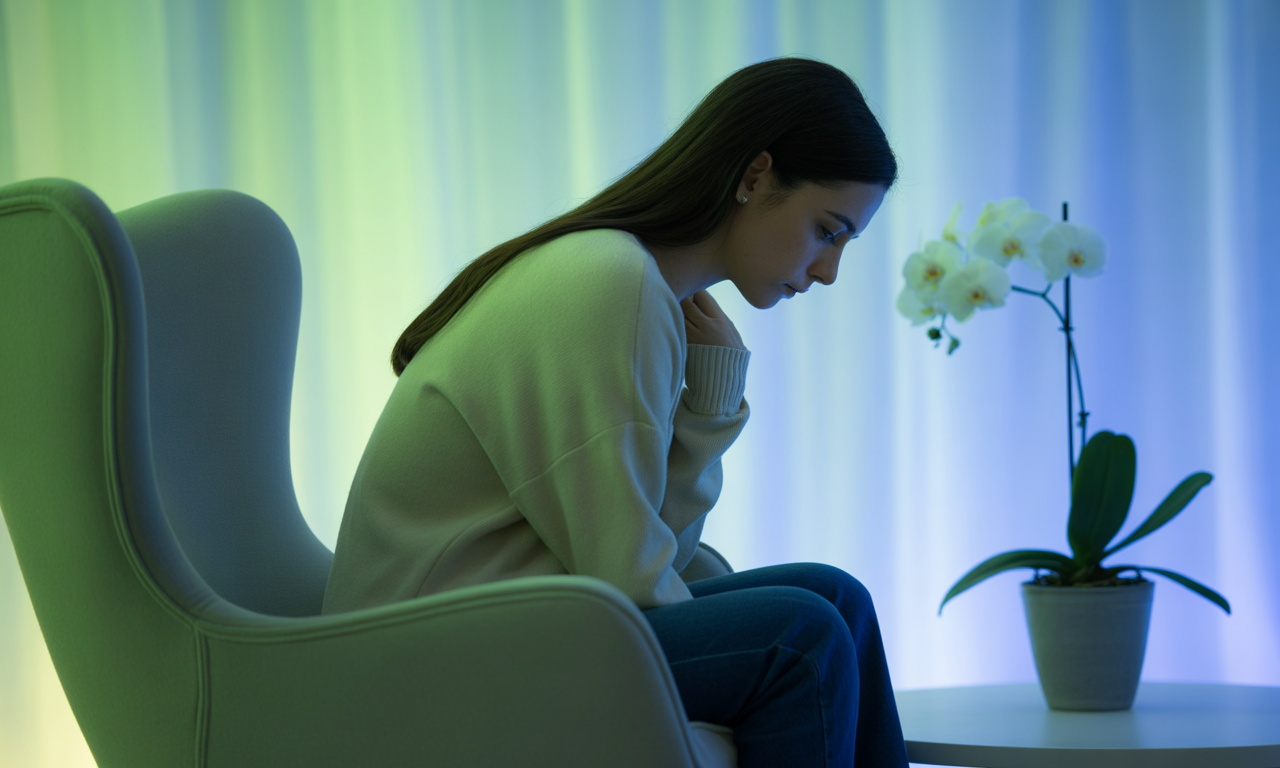 A young woman slouches in a chair, indicating the connection between posture and digestive health issues.