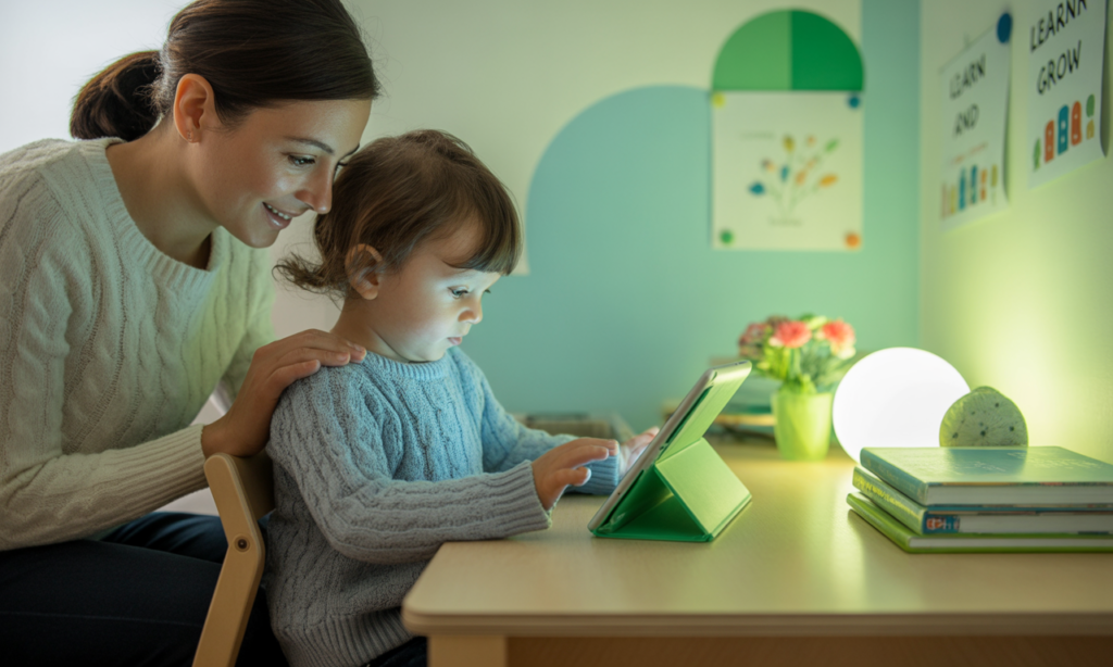 A child uses a tablet under parental guidance, showing the importance of kids posture and screen time habits.