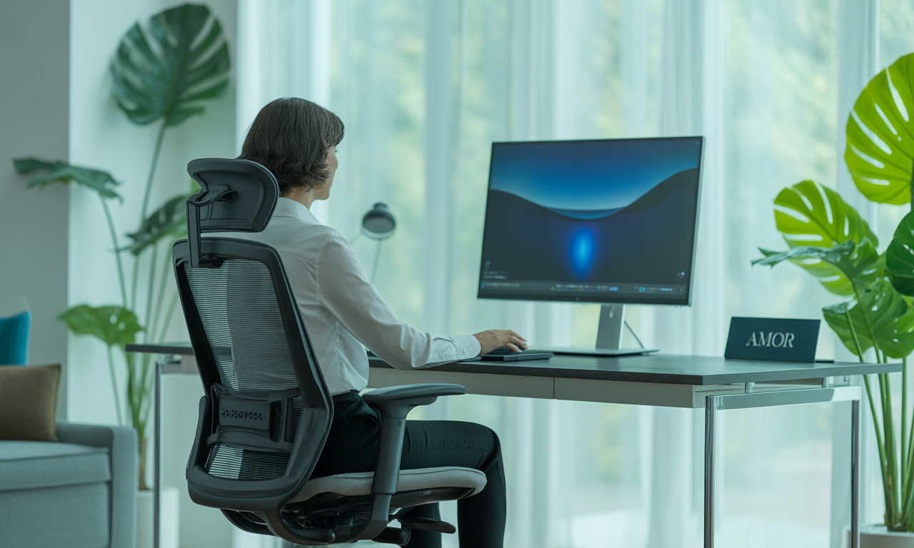 A remote worker demonstrates ideal posture correction for remote workers at a desk setup.