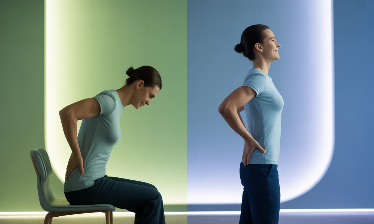 A side-by-side comparison illustrates the postural misalignment long-term risks with pain vs. relief.