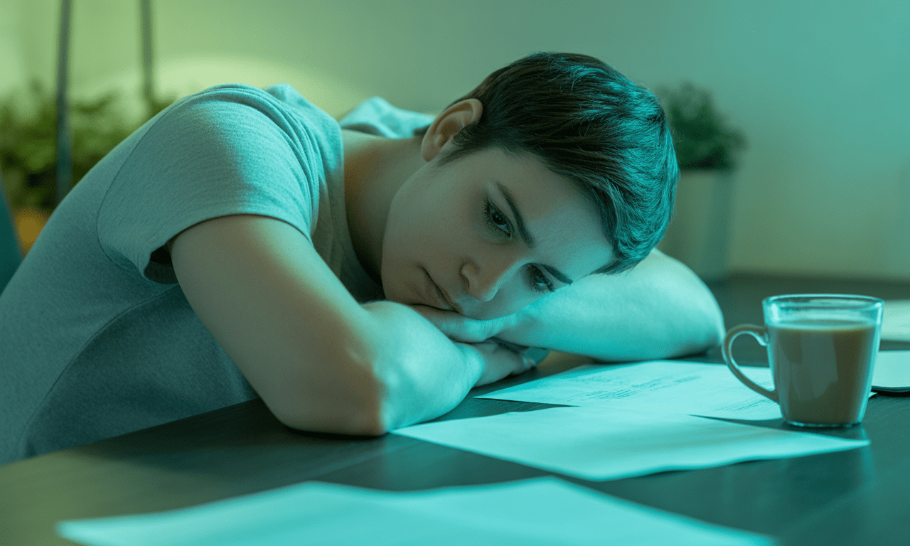 Tired person leaning head on arms at a desk with papers and coffee nearby.