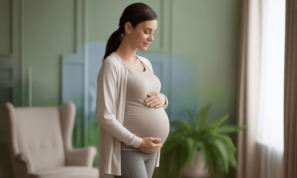 Pregnant woman smiling softly while holding her belly in a warmly lit room.