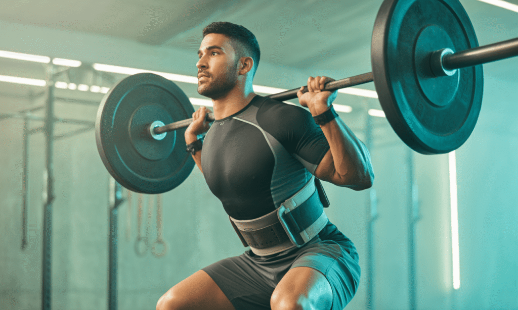 Man performing a barbell squat wearing a supportive back brace in a gym.