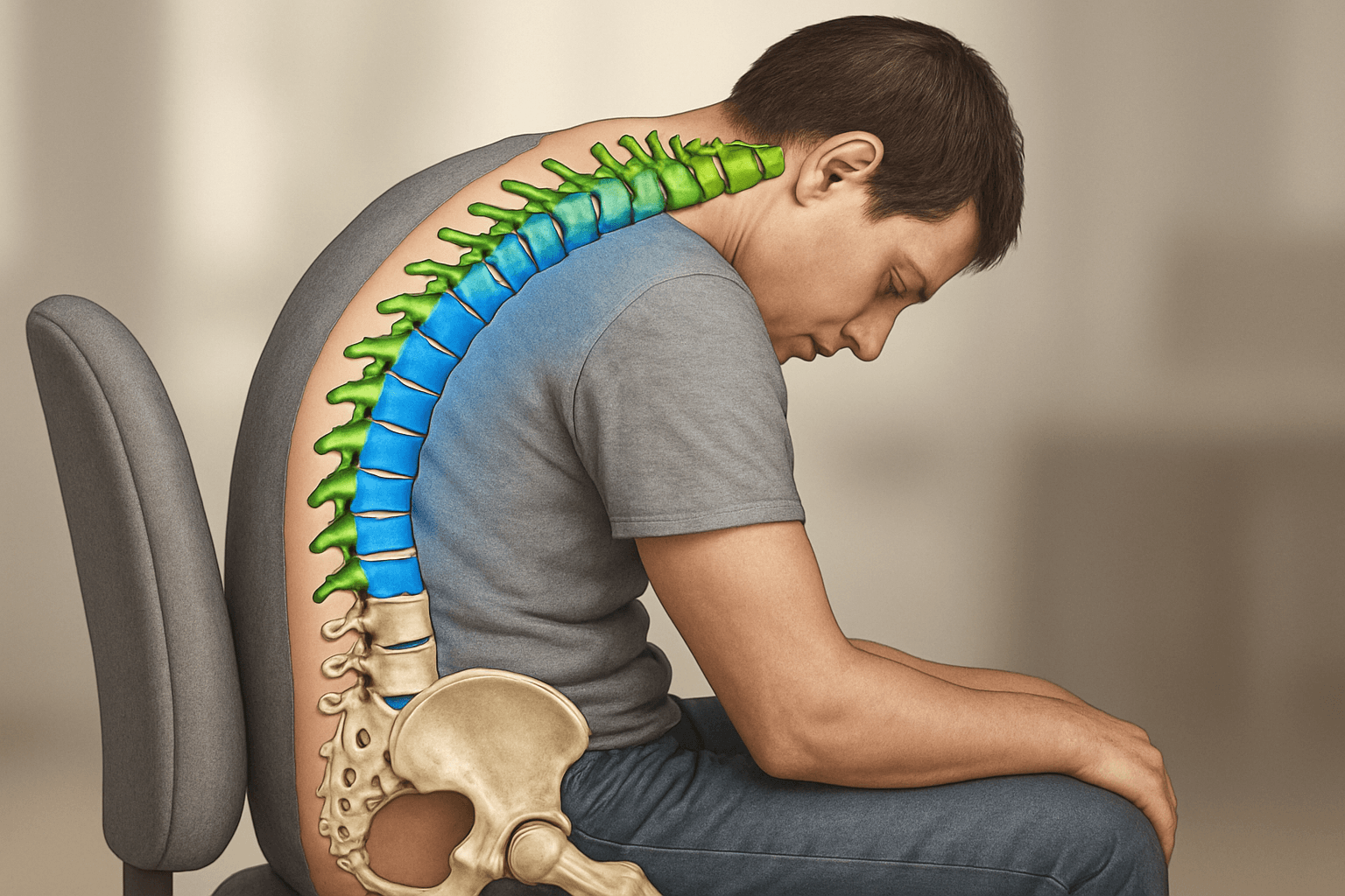 Illustration of a man sitting with poor posture and highlighted curved spine
