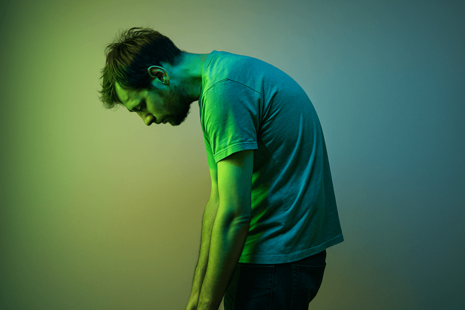 Young man with severe slouching and poor posture, demonstrating the effects of bad posture on spinal alignment.