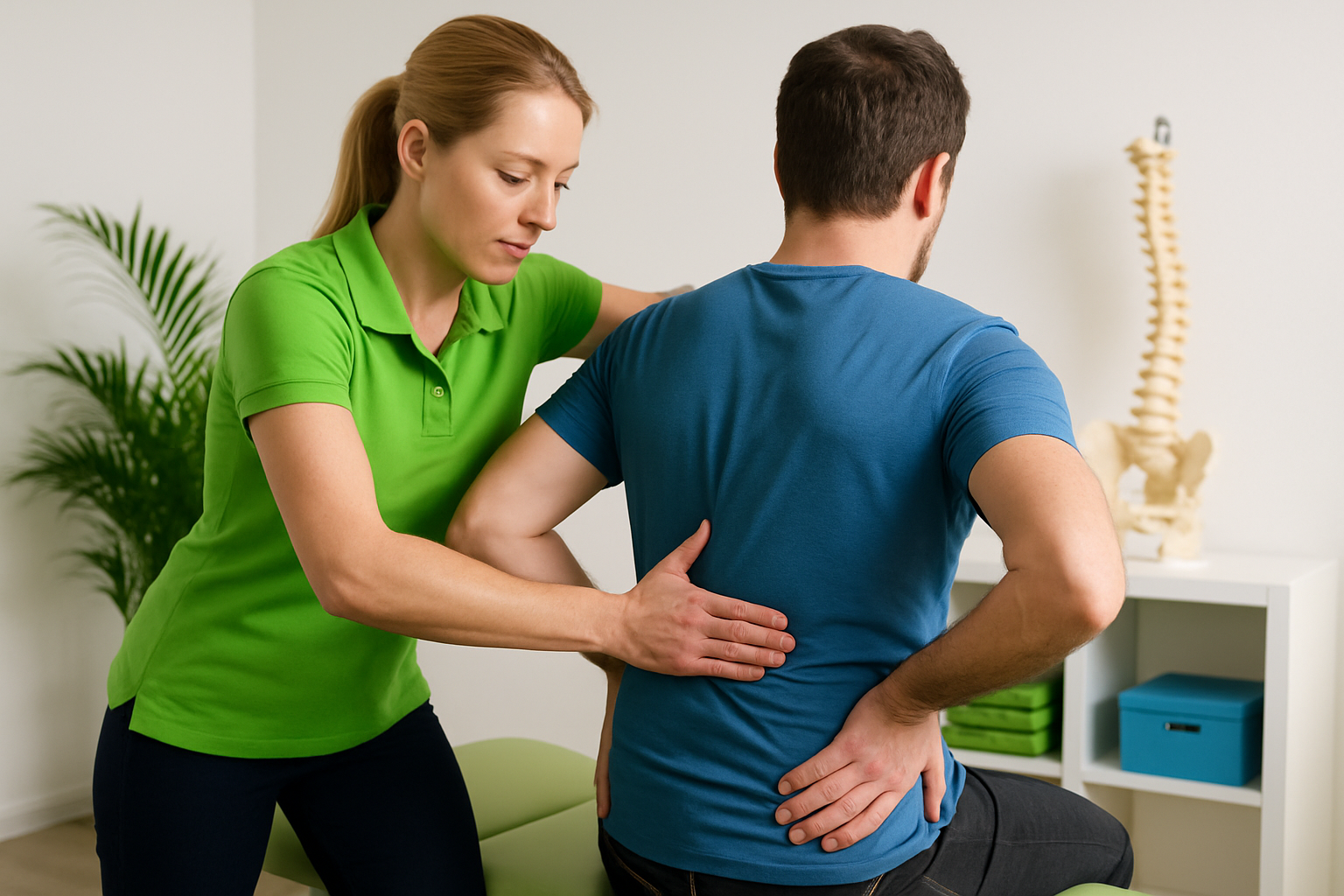 Female therapist assessing a male patient’s back pain by palpating the lower back while he holds his hip.