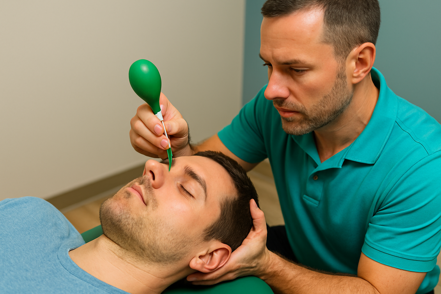 Therapist performing a cranial adjustment on a male patient lying down, using a green tool for treatment.