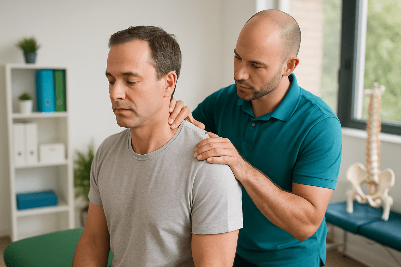 Physical therapist assessing the shoulder and neck of a male patient during a therapy session.