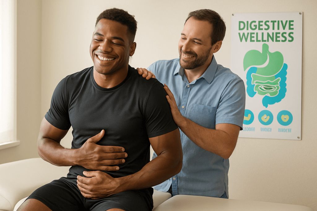 Athlete smiling with chiropractor during digestive wellness session for IBS relief