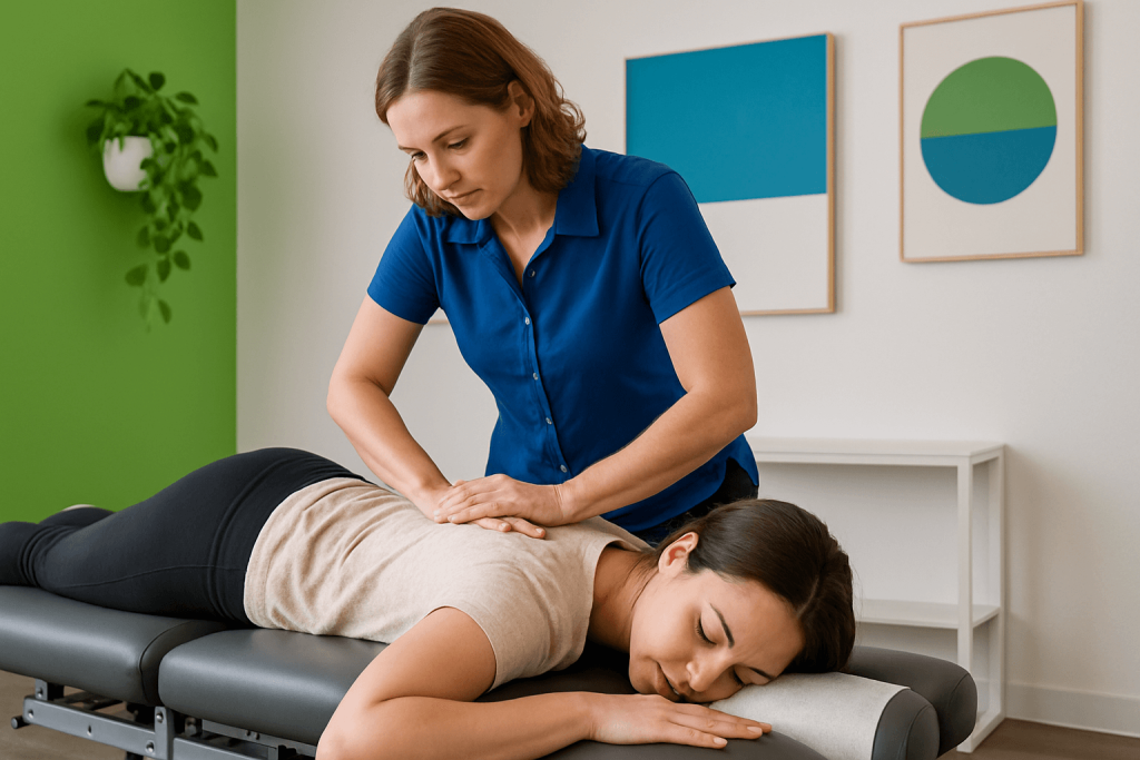 Chiropractor performing spinal adjustment on a woman lying on the treatment table - Upright Posture Chiropractor performing spinal adjustment on a woman lying on the treatment table