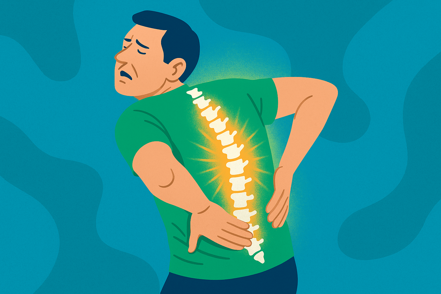 Illustration of a man holding his lower back in pain, with his spine highlighted to indicate discomfort or injury.