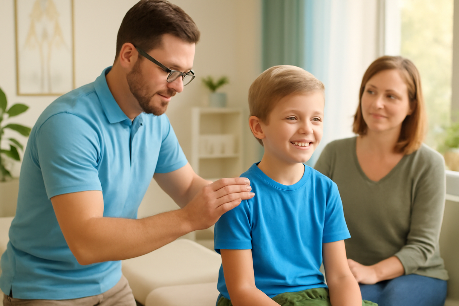 A male physical therapist helps a smiling young boy with his posture, while a woman, likely the boy’s mother, looks on in a bright, comfortable clinic.