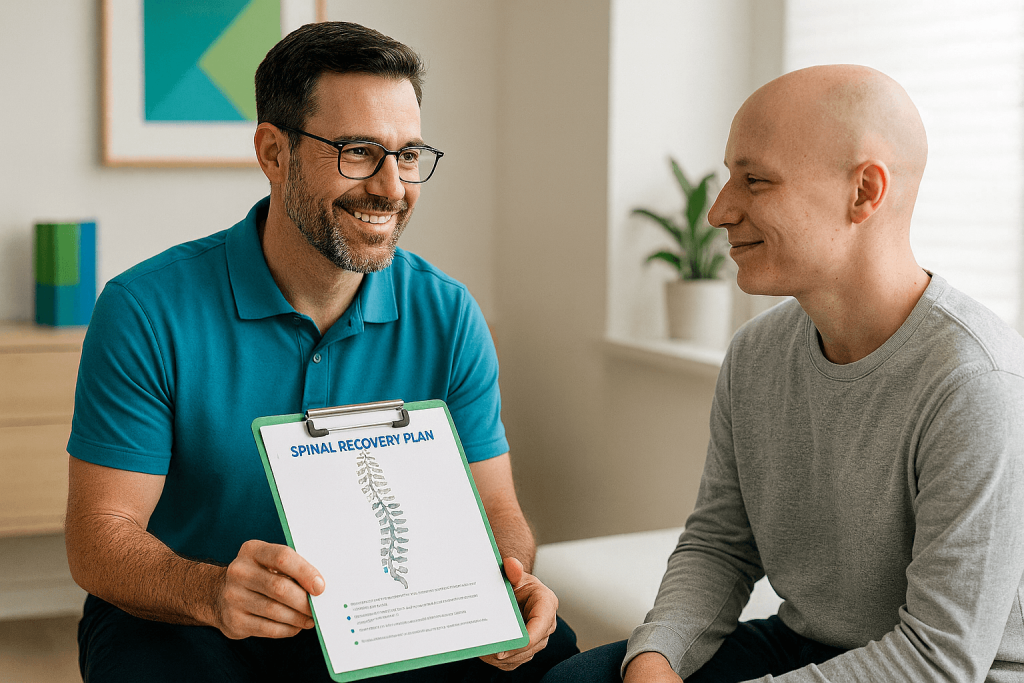 Chiropractor discussing spinal recovery plan with cancer survivor patient