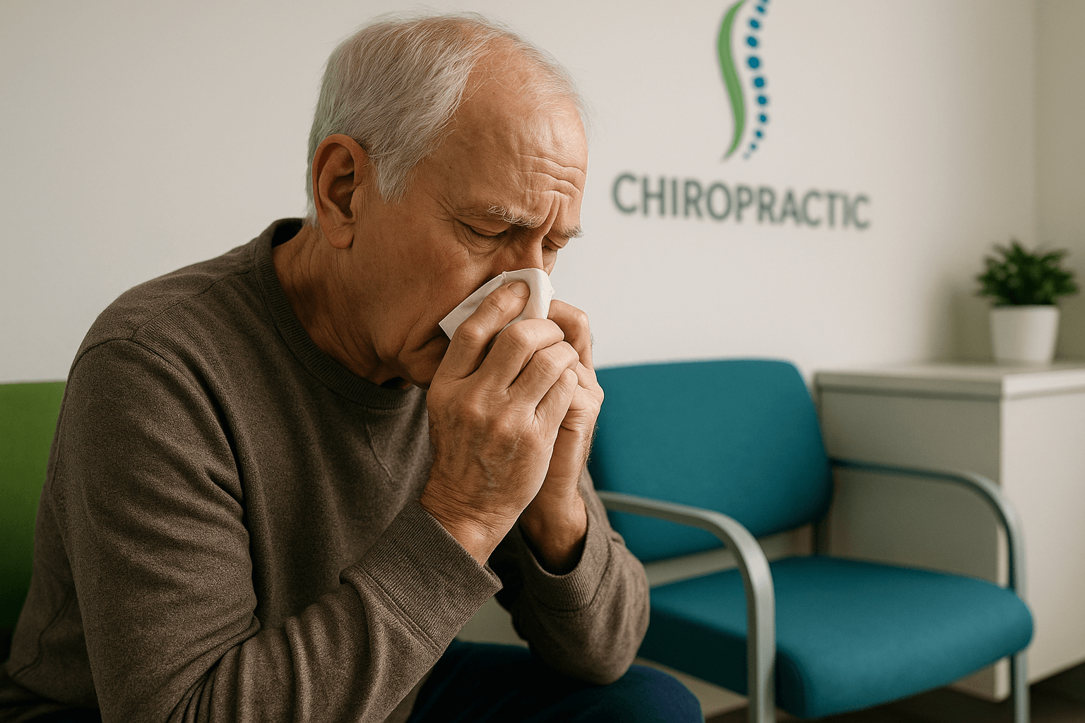 Elderly man with sinus problems holding tissue before chiropractic care