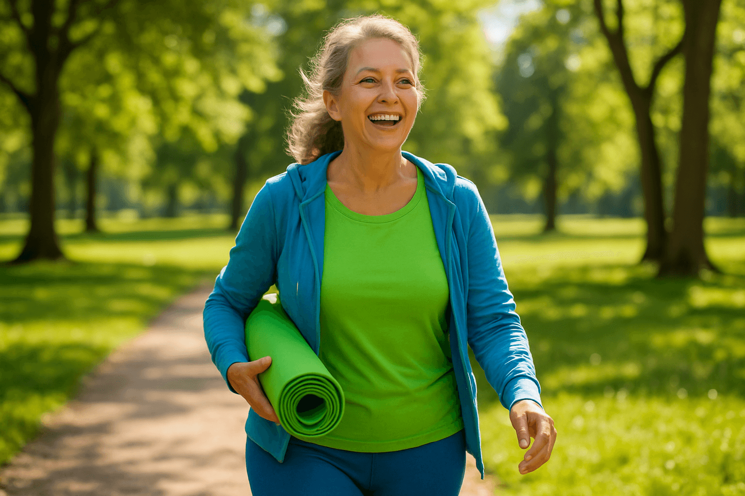 Smiling woman walking outdoors with a yoga mat after chiropractic treatment