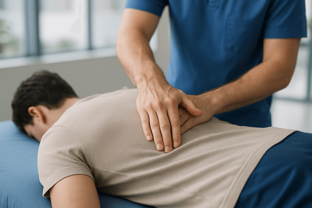 Physiotherapist performing manual therapy on a patient’s back.