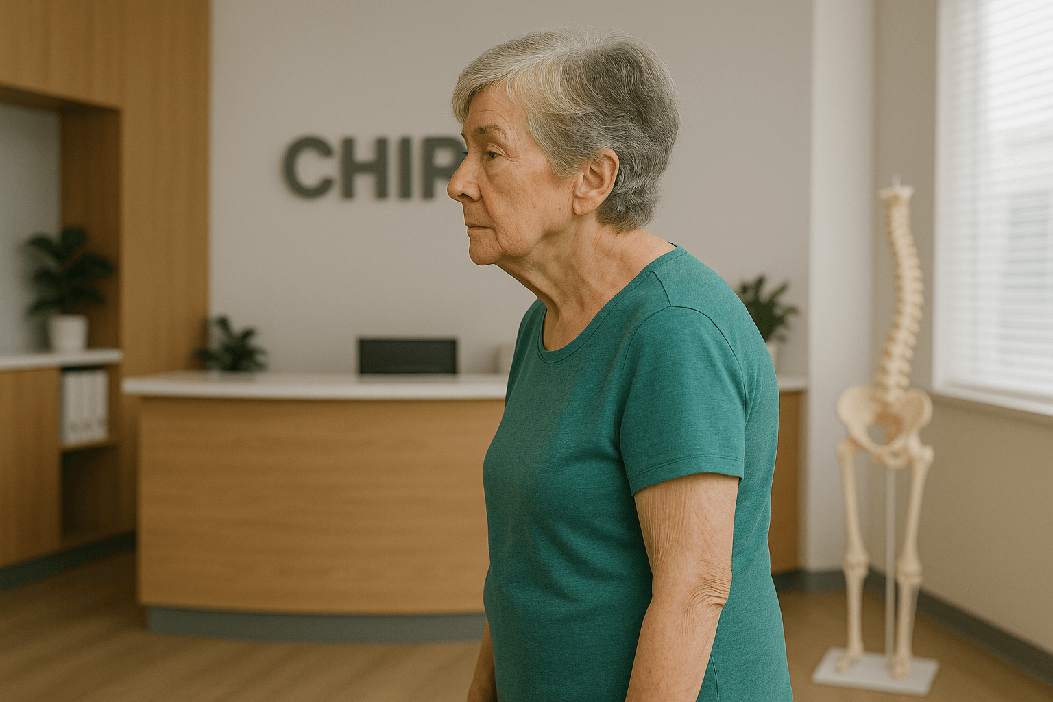 Elderly woman with slouched posture in chiropractic clinic, showing signs of hyperkyphosis