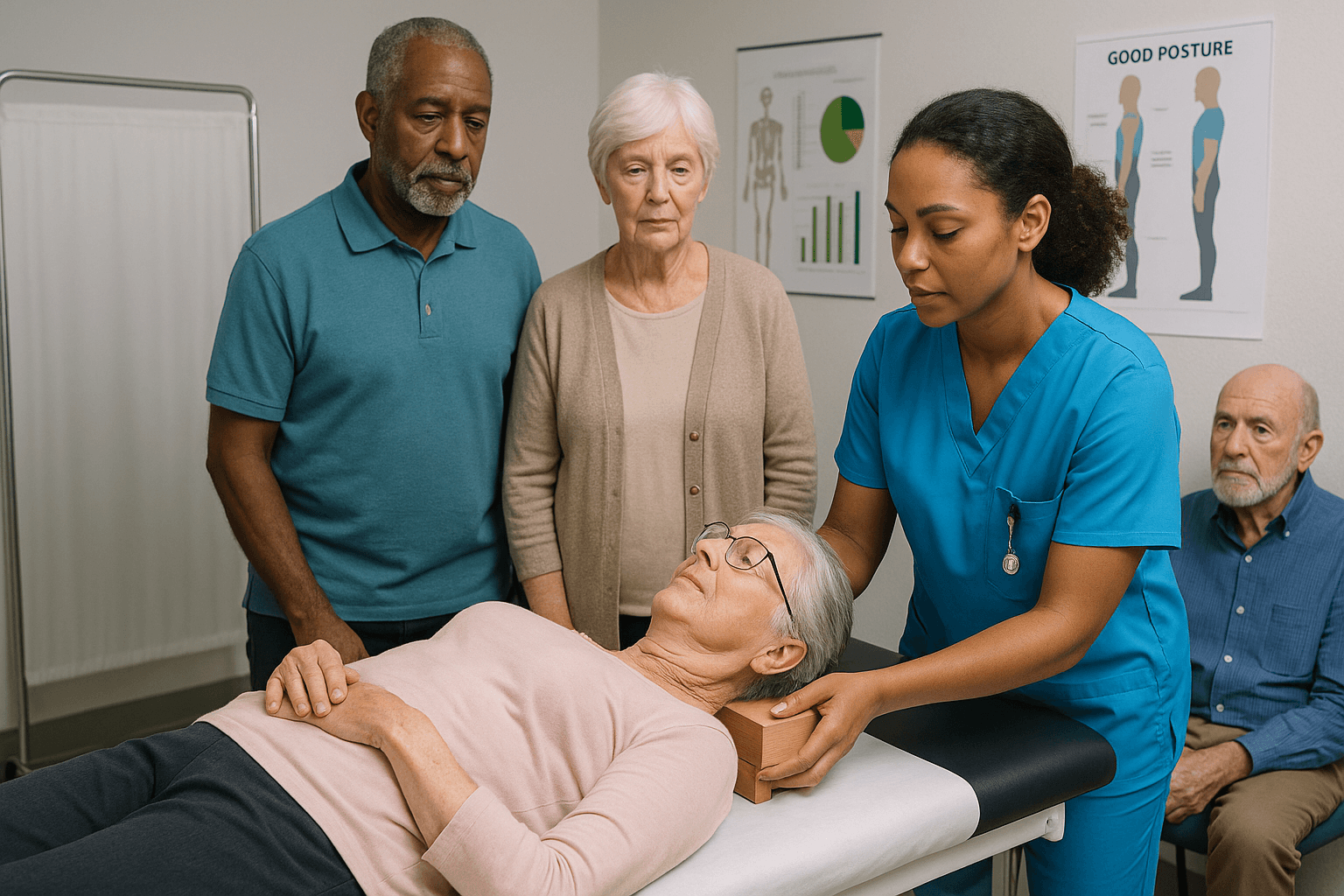 Chiropractor adjusting elderly woman’s posture while others observe