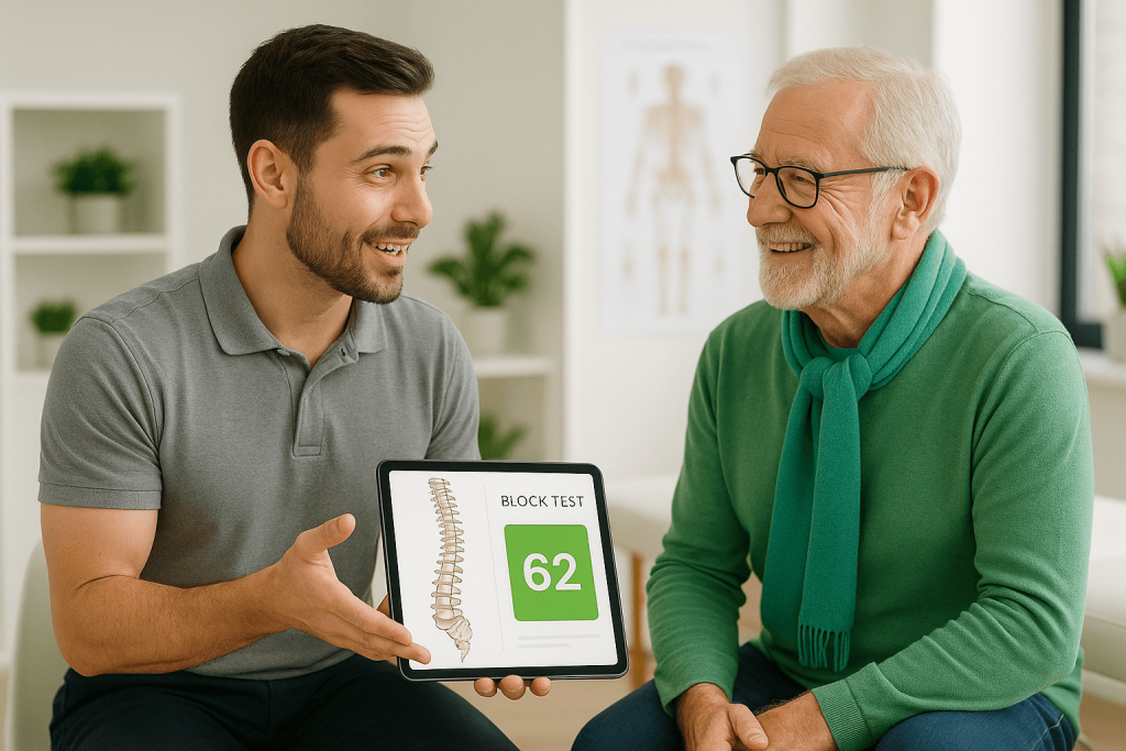 Chiropractor reviewing spinal block test results with elderly patient