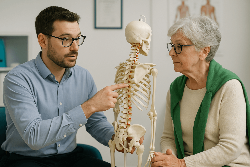 Chiropractor explaining spine model to elderly patient with posture concerns - Upright Posture Chiropractor explaining spine model to elderly patient with posture concerns