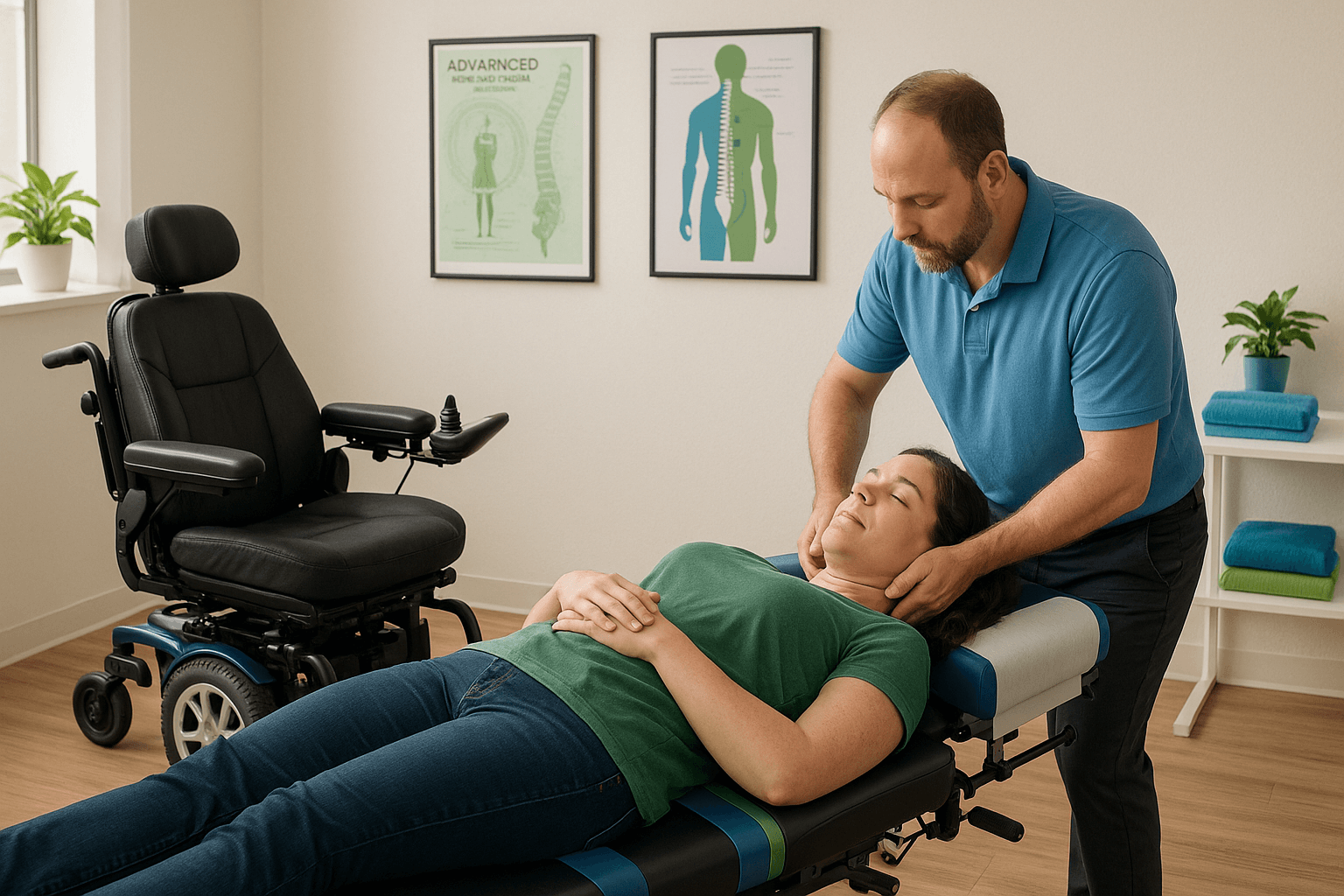 Chiropractor performing gentle adjustment on woman with cerebral palsy