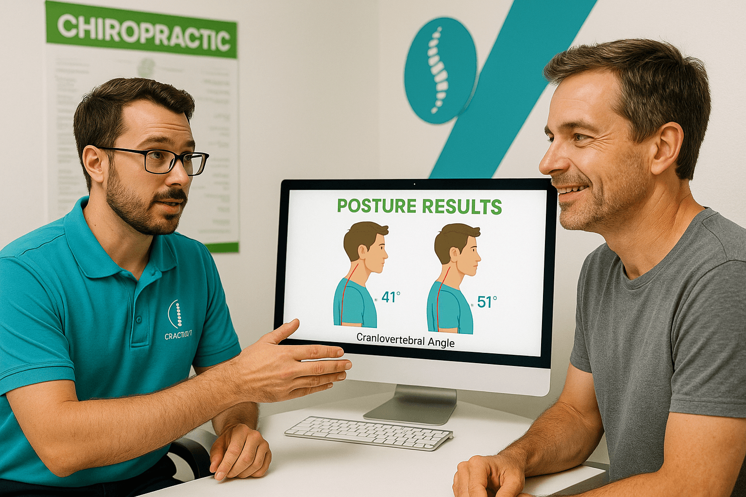 Chiropractor explaining forward head posture results to patient