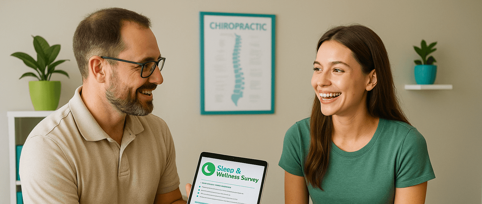 Chiropractor showing a patient a digital sleep and wellness survey on a tablet during consultation.