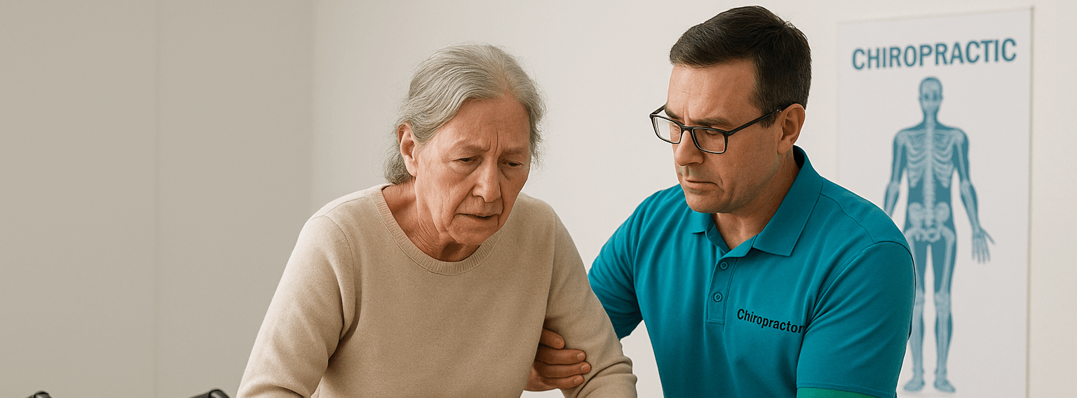 Chiropractor assisting elderly woman with stiff person syndrome in walking rehabilitation next to a wheelchair.