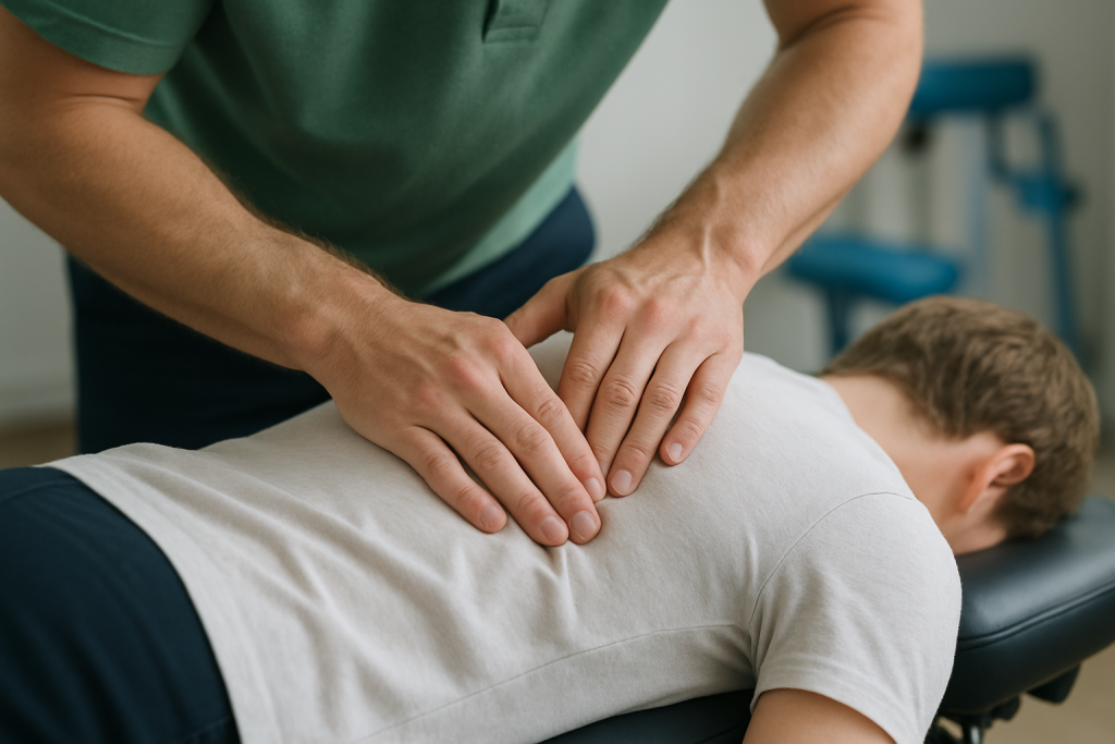 Chiropractor applying manual pressure on a patient’s back during treatment.