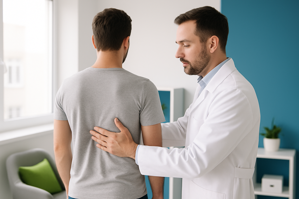 Chiropractor examining a man’s back posture during a consultation.