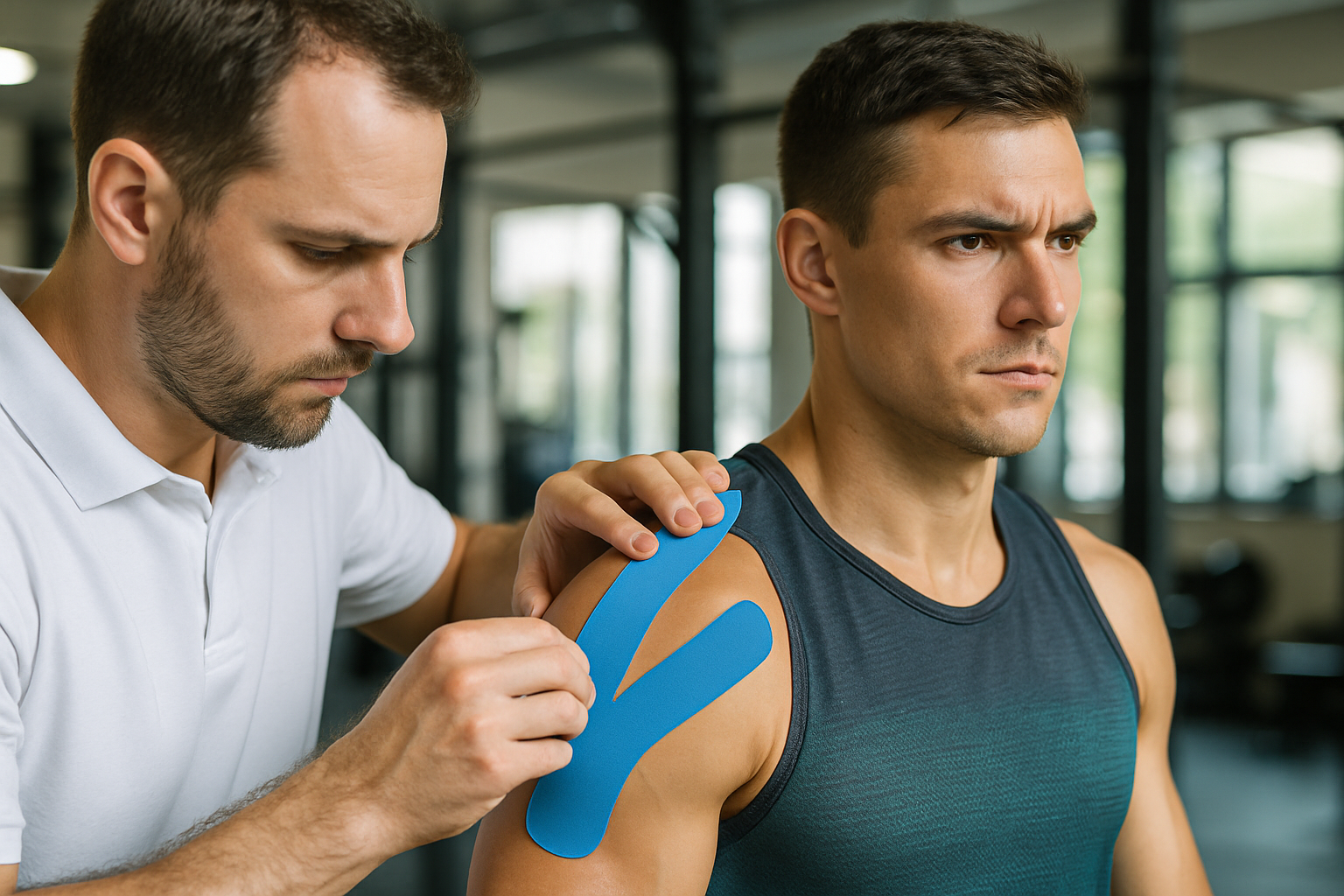 2025_10_uprightposturecouk_img_kinesiology_tape_shoulder_final - Upright Posture Physiotherapist applying kinesiology tape to a patient’s shoulder.