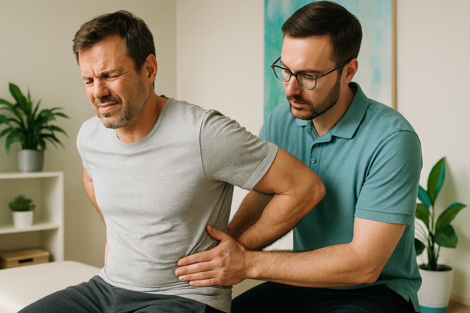 2025_10_uprightposturecouk_img_lower_back_pain_consult_final - Upright Posture Man experiencing lower back pain during chiropractic consultation.