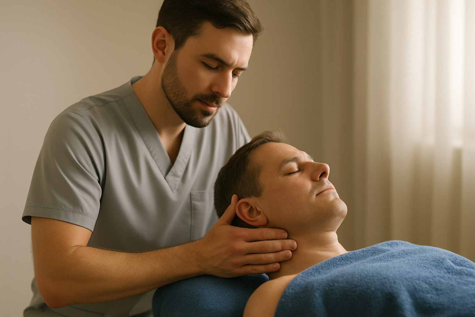 2025_10_uprightposturecouk_img_neck_posture_therapy_final - Upright Posture Chiropractor gently supporting a patient’s neck during therapy.