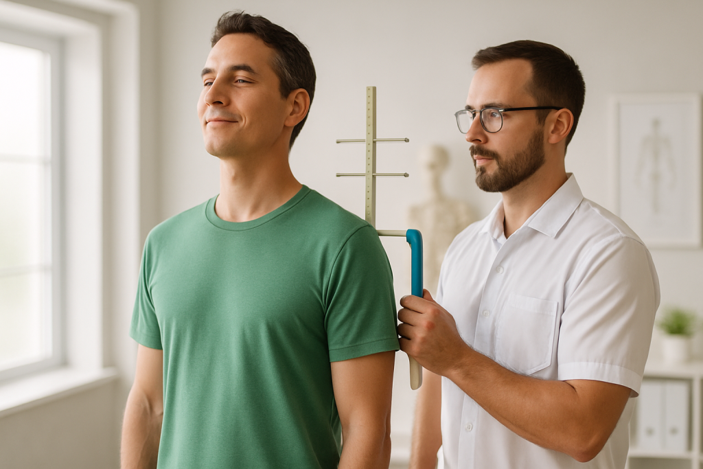 Posture specialist measuring spinal alignment with a posture assessment tool.