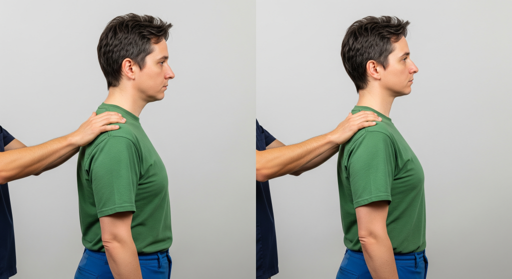 Side-by-side comparison of poor posture and corrected upright posture